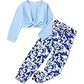 YOURUIKEY Girls 2 Piece Outfits Long Sleeve Twist Front Shirts and Camo Pants Sets for Fall Winter Sweatsuits Size 5-14Y