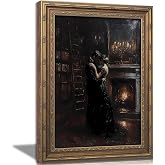 Vintage Gold Framed Gothic Wall Art, Victorian Romantic Couple Dancing Painting Canvas Print, Dark Academia Picture Wall Decor, Moody Bookstore Poster Artwork for Living Room Bedroom
