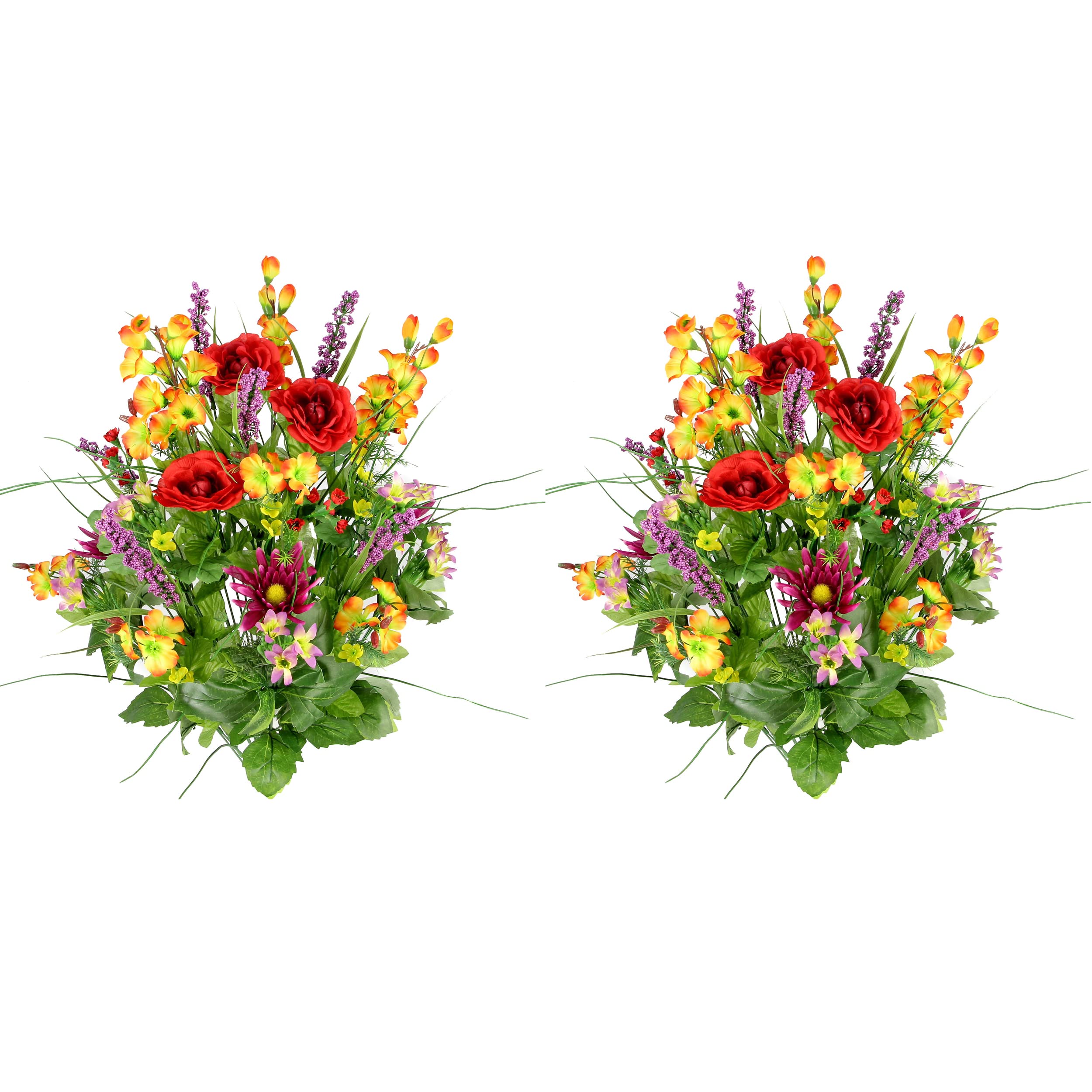 Admired By Nature 2pcs of 30 Stem Artificial Flowers Morning Glory & Ranunculus Bush Spring Faux Flower Arrangement for Indoor Wedding Home Decor, Cemetery Decorations, Red/Orange/Yellow/Lilac