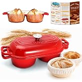 DIY Double Dutch Oven for Sourdough Bread Baking &ndash; Enamel Cast Iron Bread Baker with Lid, Bake Two Different Loaves at Once, 500&deg;F Oven Safe, Includes 2&times;6" Banneton Proofing Baskets