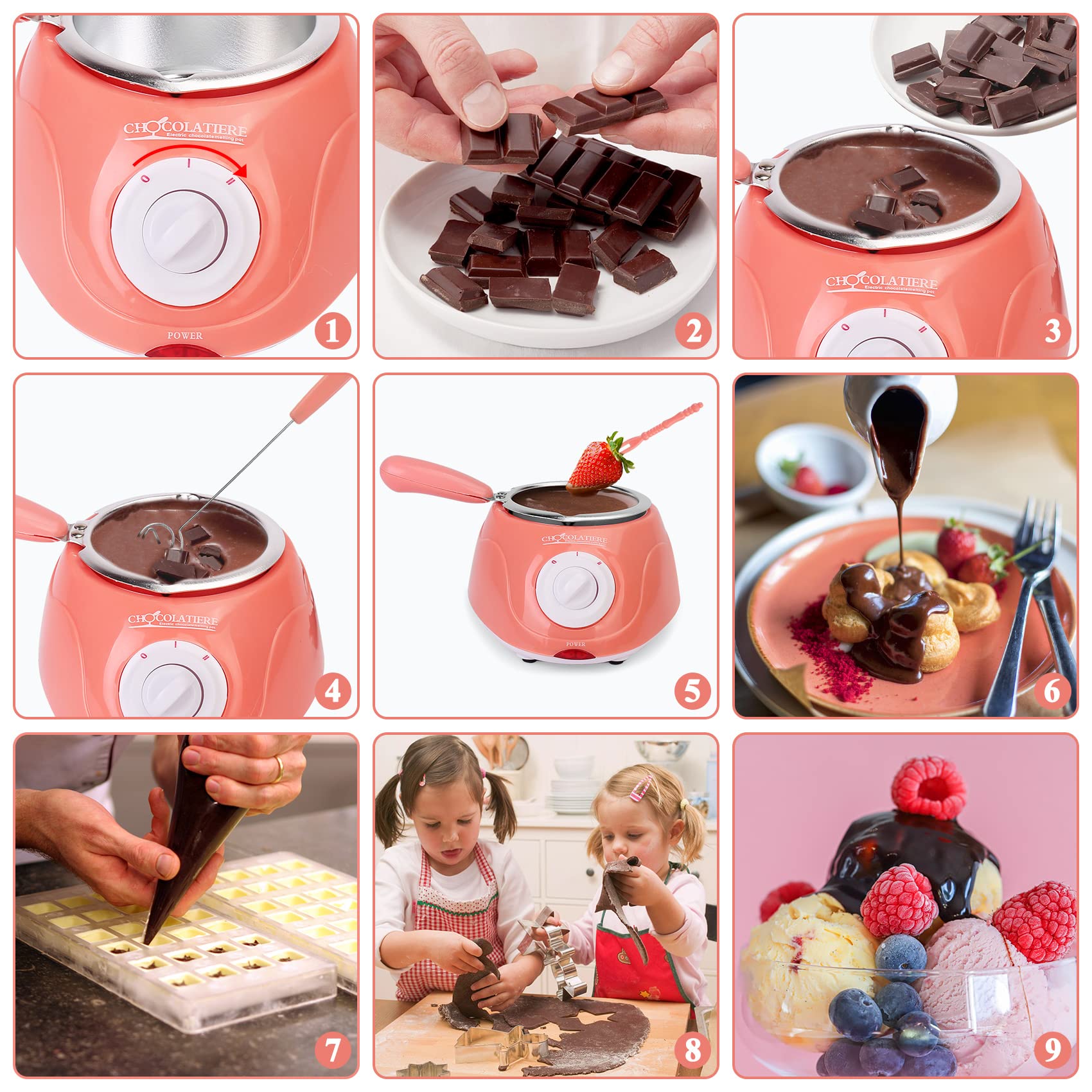 8.45oz Melting Fondue Set,MINI Electric Chocolate Melting Pot,Chocolate Fondue Fountain,Warmer Machine for Milk Chocolate,Cheese,Butter,Candy (Pink)