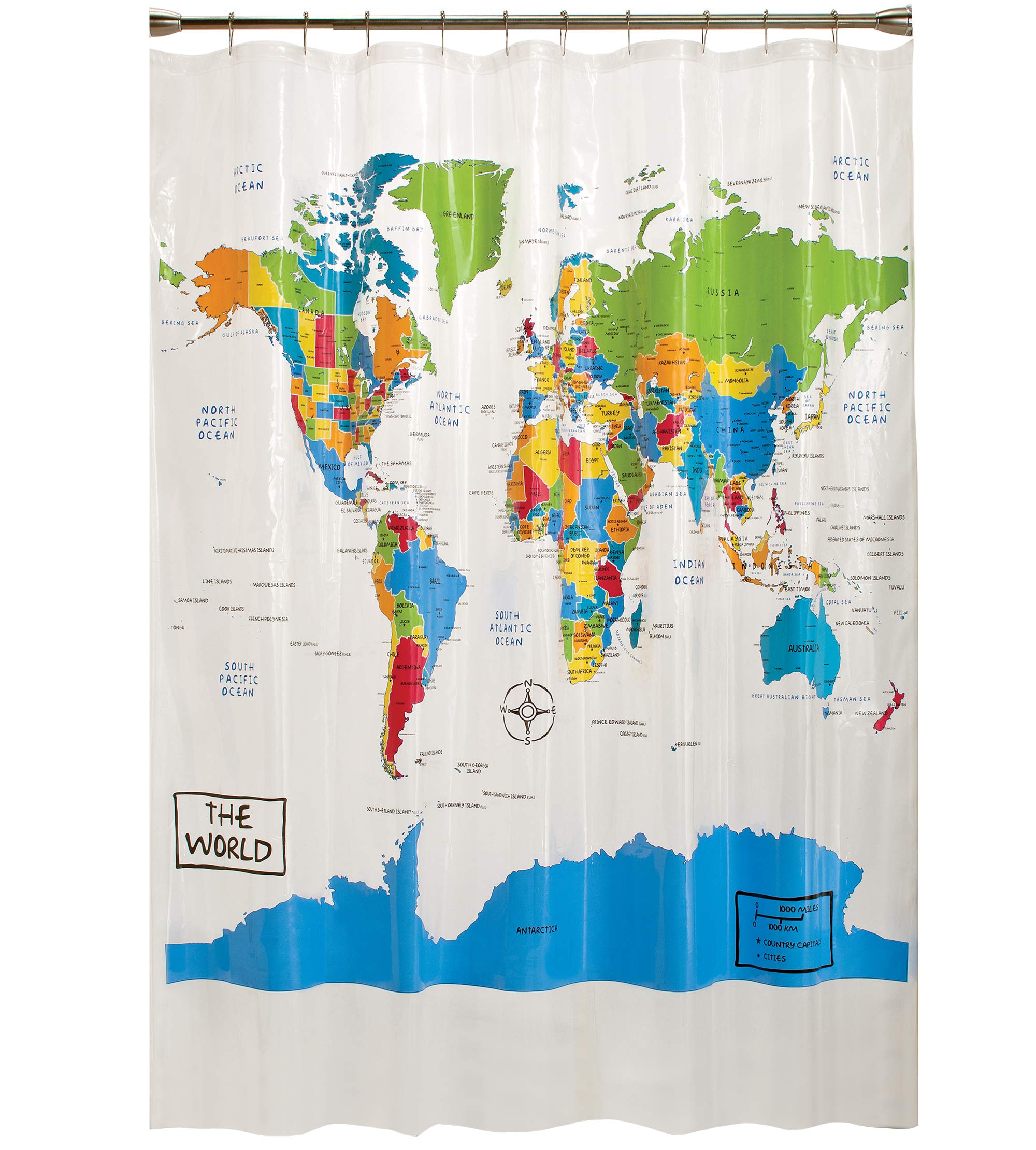 SKL Home The World Map Waterproof PEVA Shower Curtain, Educational/Geography/Kids Bath, Clear/Multi