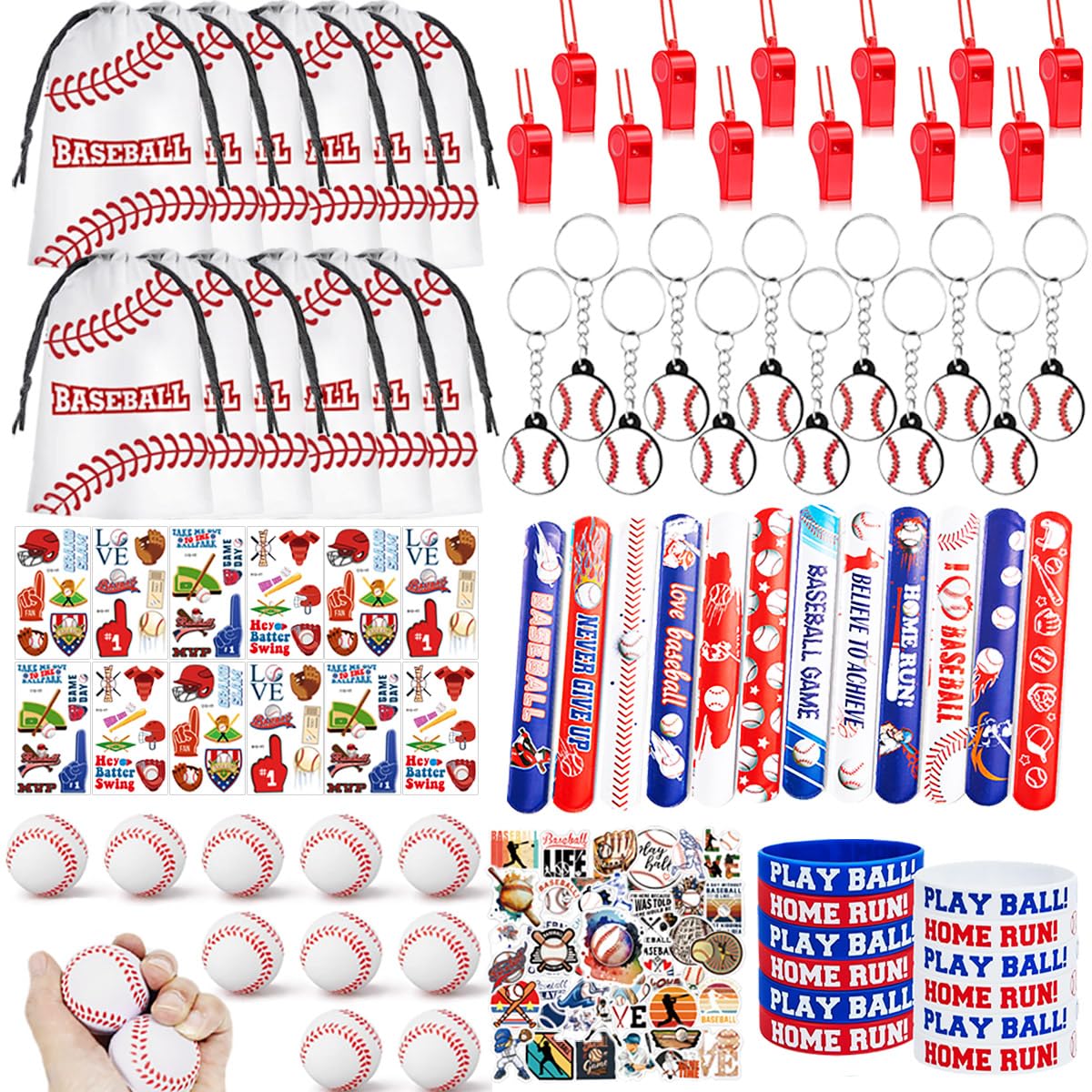 Photo 1 of 134 PCS Baseball Party Favors, 12 Set Goodie Bag, Mini Stress Balls, Baseball Stickers, Rubber Bracelets, Keychain, Tattoo Stickers, Slap Bracelets, Whistle for Baseball Themed Party Supplies