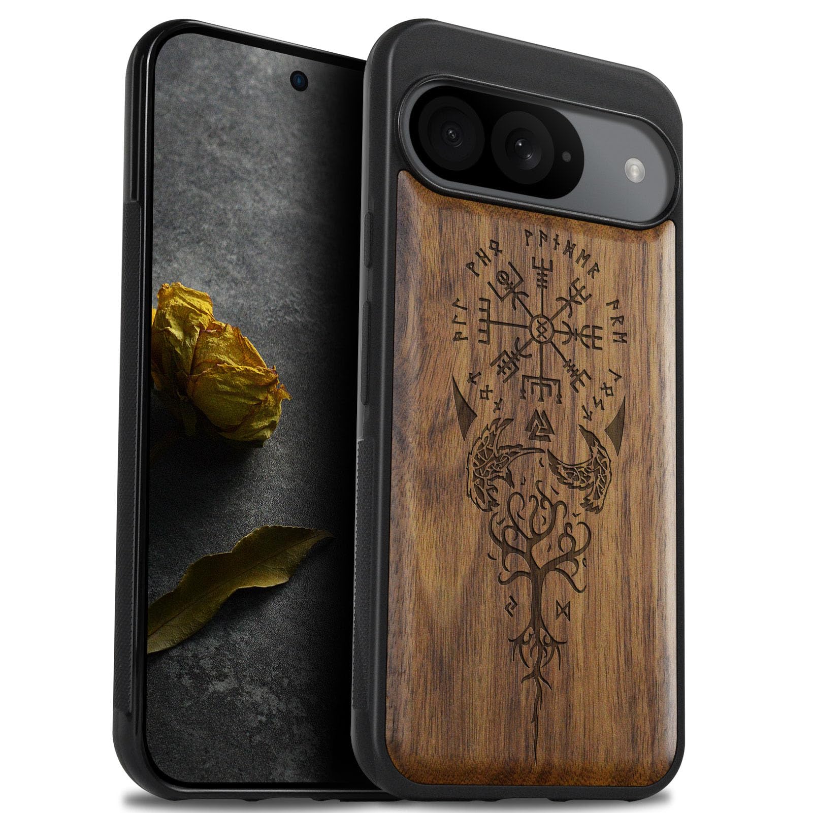 Carveit Wood Case for Pixel 9 [Natural Wood & Black Soft TPU] Shockproof Protective Cover Unique Wooden Compatible With Google Pixel 9 (The Guiding Vegvisir-Walnut)