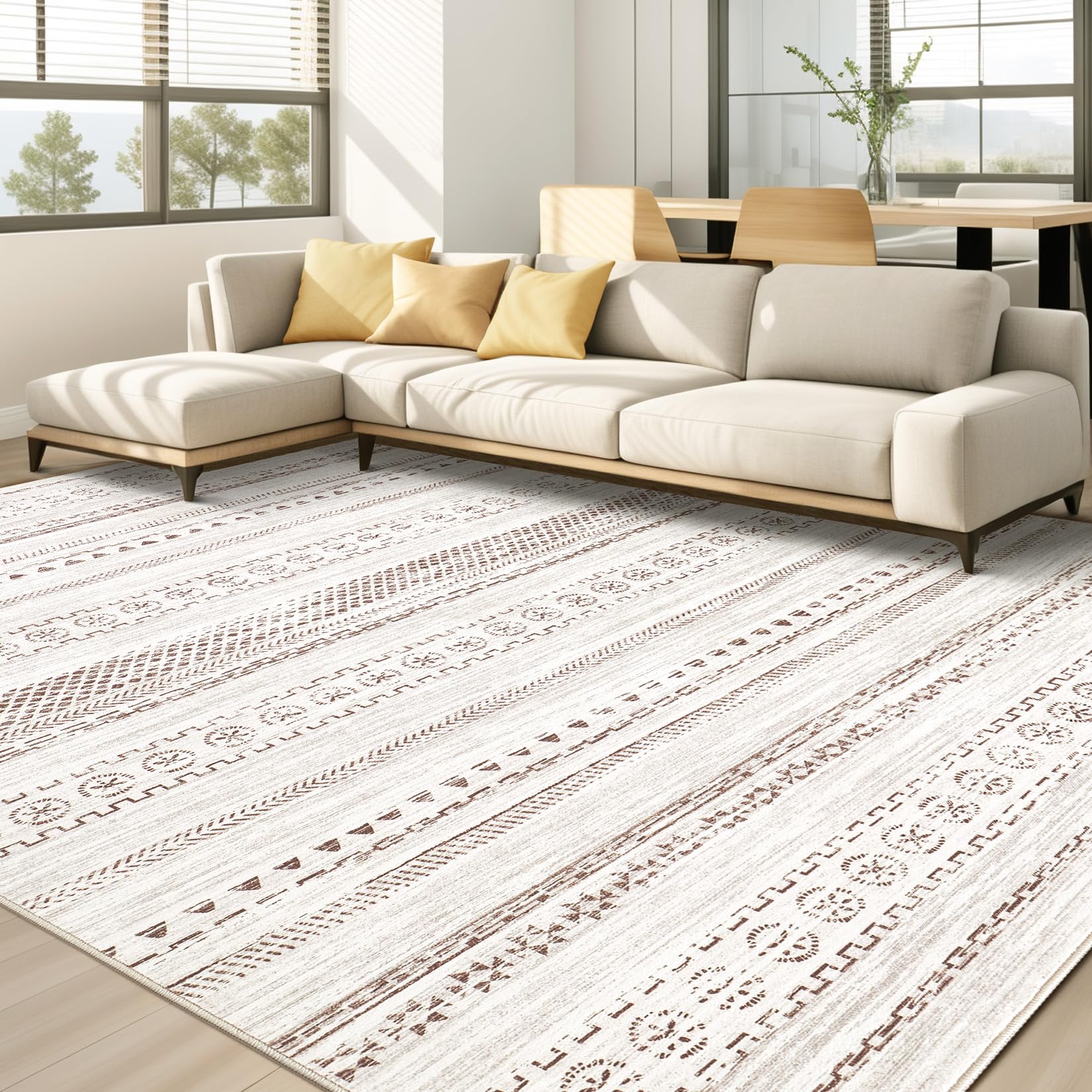 kakania 10x12 Washable Area Rug: Non Slip Soft Thin Carpet, Boho Geometric Modern Decor, Easy Clean Indoor Floor Large Rugs for Living Room Bedroom Kids Dorm Office Dining - Brown Image