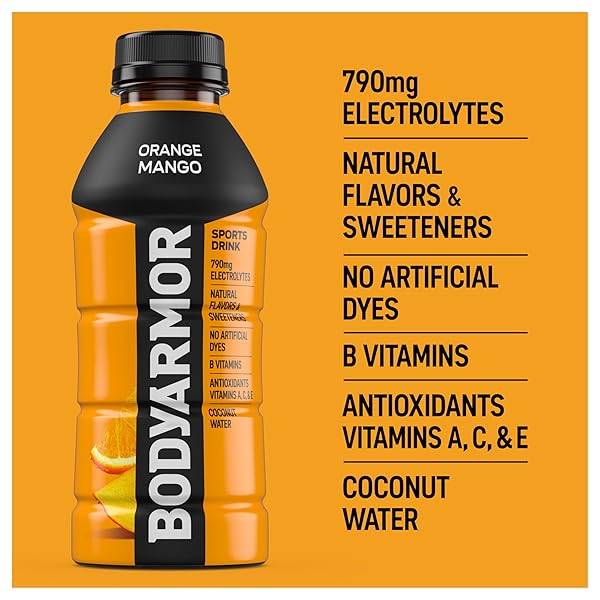 BODYARMOR SPORTS DRINK SPORTS BEVERAGE, ORANGE MANGO, NATURAL FLAVORS WITH VITAMINS, POTASSIUM-PACKED ELECTROLYTES, NO PRESERVATIVES, PERFECT FOR ATHLETES, 16 FL OZ