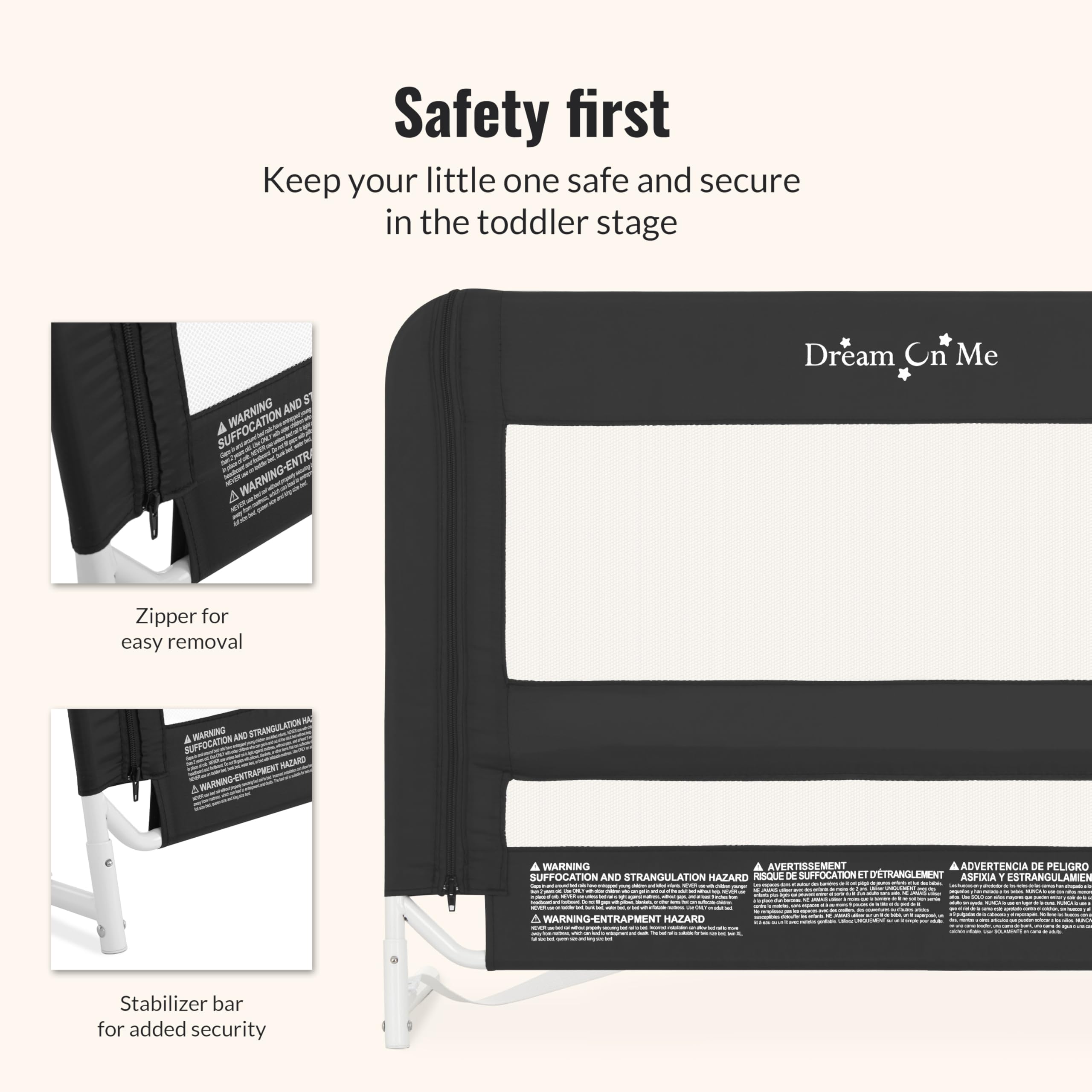 Dream On Me Mesh Security Bed Rail – Toddler Safety Guard with Breathable mesh, Reinforced Anchor System, Lightweight, Portable, fits Adult Twin-Size beds, Black