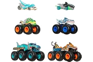 Hot Wheels Toy Cars & Monster Trucks, Sharks vs. Dinos Multipack with 2 Big Rigs, 2 1:64 Scale Monster Trucks & 2 1:64 Scale Hot Wheels Vehicles