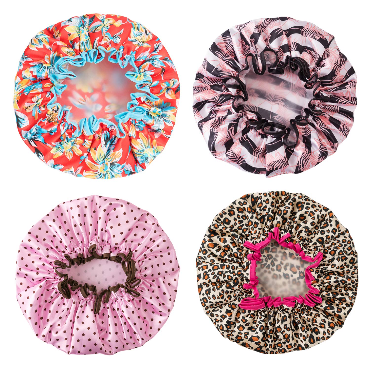 Shower Caps 4 Pack Bath Caps Perfect for Women most Hair Lengths and Thicknesses - Waterproof - Double Layer, Upgraded Version (Style 1) : Beauty