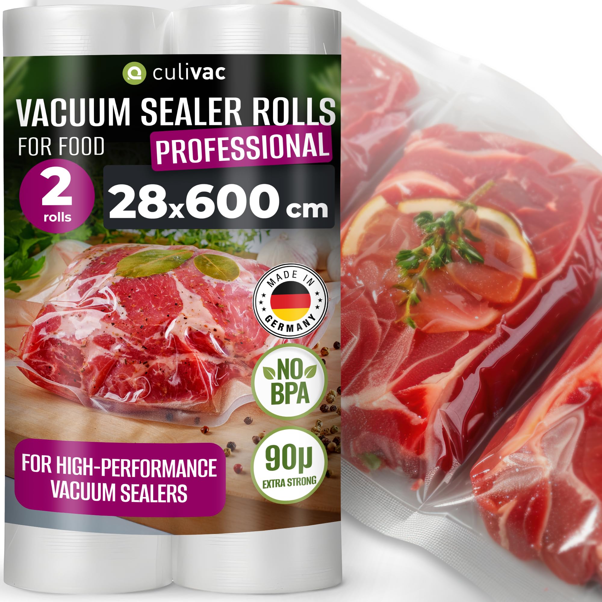 culivac Vacuum Sealer Rolls "Professional" – Vacuum Sealer Bags – Vacuum Bags for Food –Sous Vide Bags – 2 Rolls Embossed BPA-Free – Cut-to-Size Heat Seal Bags – 28x600cm – 2 rolls