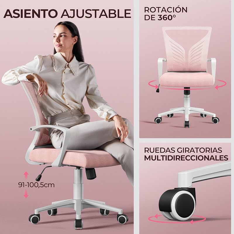 Yaheetch Conjunto de 2 Cadeiras de Escritório Função de Inclinação em Rede Rosa