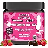 Llama Naturals Kids Vitamin D3 K2 Gummies, Vegan, Organic, Children Toddler Vitamin D Gummies, Real Fruit Gummy Vitamins, No Added Sugar Cane, Raspberry, 60 Ct