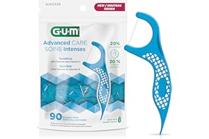 GUM Advanced Care Flosser Picks, Infused with Vitamin E & Fluroide, Fresh Mint Flavour, Blue, 90 Flossers (1 Bag)