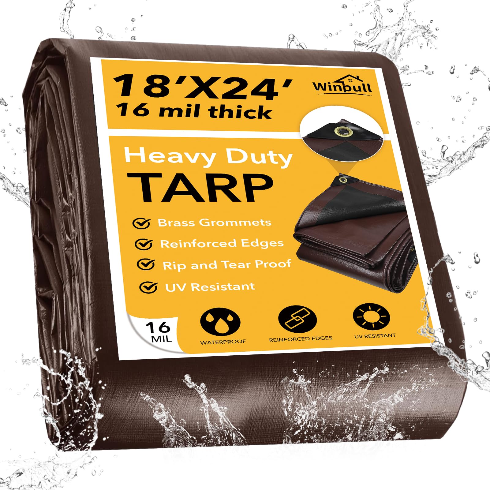 Winpull Tarp 18x24FT, 16 Mil Heavy Duty Waterproof Tarp, Large Multipurpose Cover with Brass Grommets and Reinforced Edges, UV Resistant Thick Poly Tarps for Outdoor Camping Tent Pool Car Tent Image