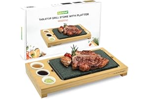 NutriChef Tabletop Grill Stone with Bamboo Platter, Hot Stone Cooking & Serving Set with 3 Sauce Bowls for Steak, Seafood, BB