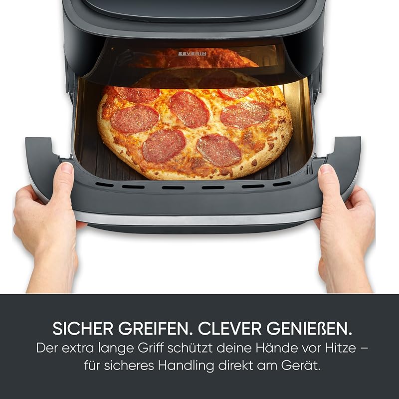 Heißluftfritteuse Pizza & More, Pizzaprogramme, 10 Garprogramme, optimale Wärmeverteilung, extra breite Form, mit Sichtfenster, 4L, 2100W, schwarz, silber, S-Fry, FR 2464