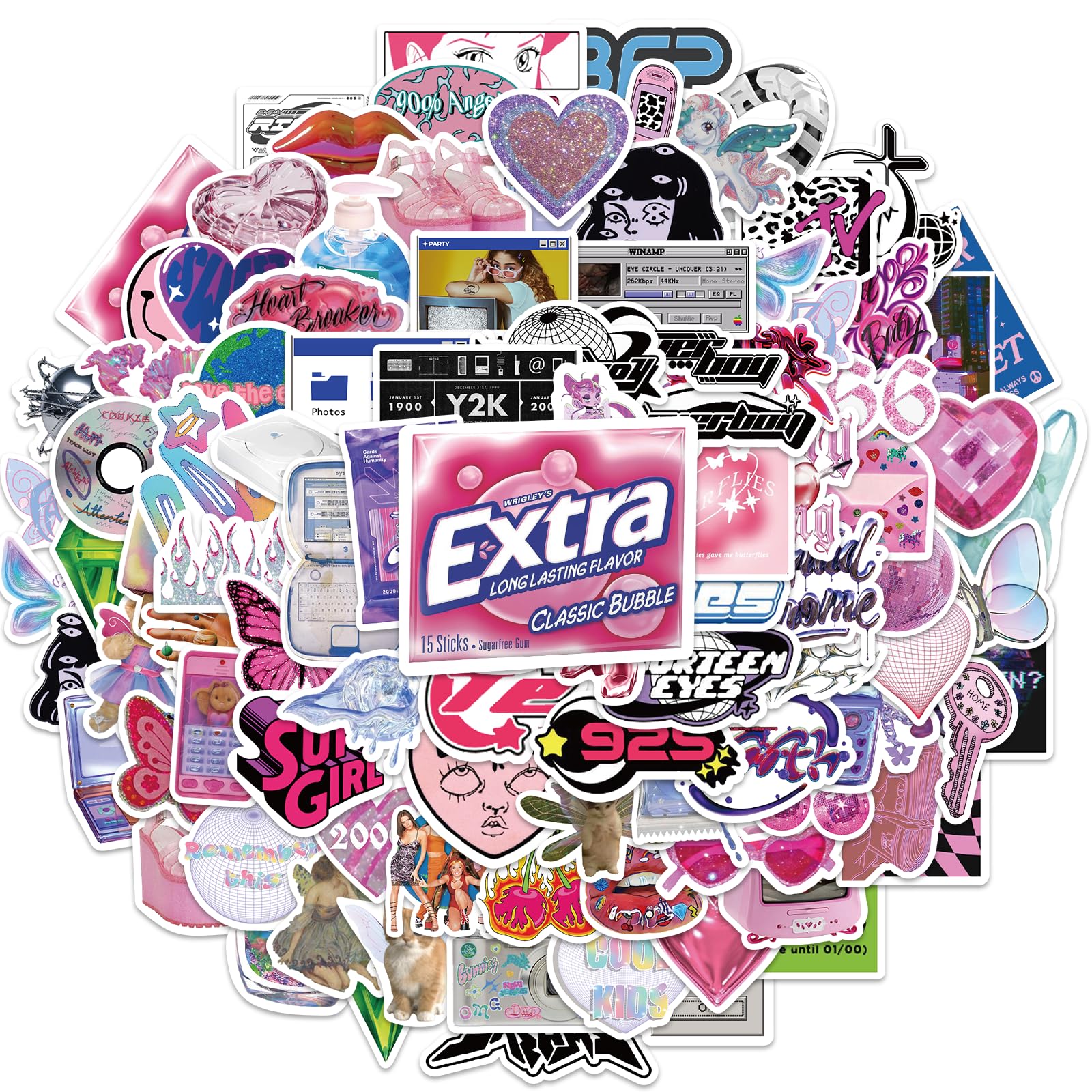 Y2k Retro Aesthetic Stickers, 106pcs Cool 2000s Cyber Trend Stickers, Vinyl Waterproof Sticker for Laptop, Guitar, Water Bottle, Birthday Gifts for Girls, Kids, Teens