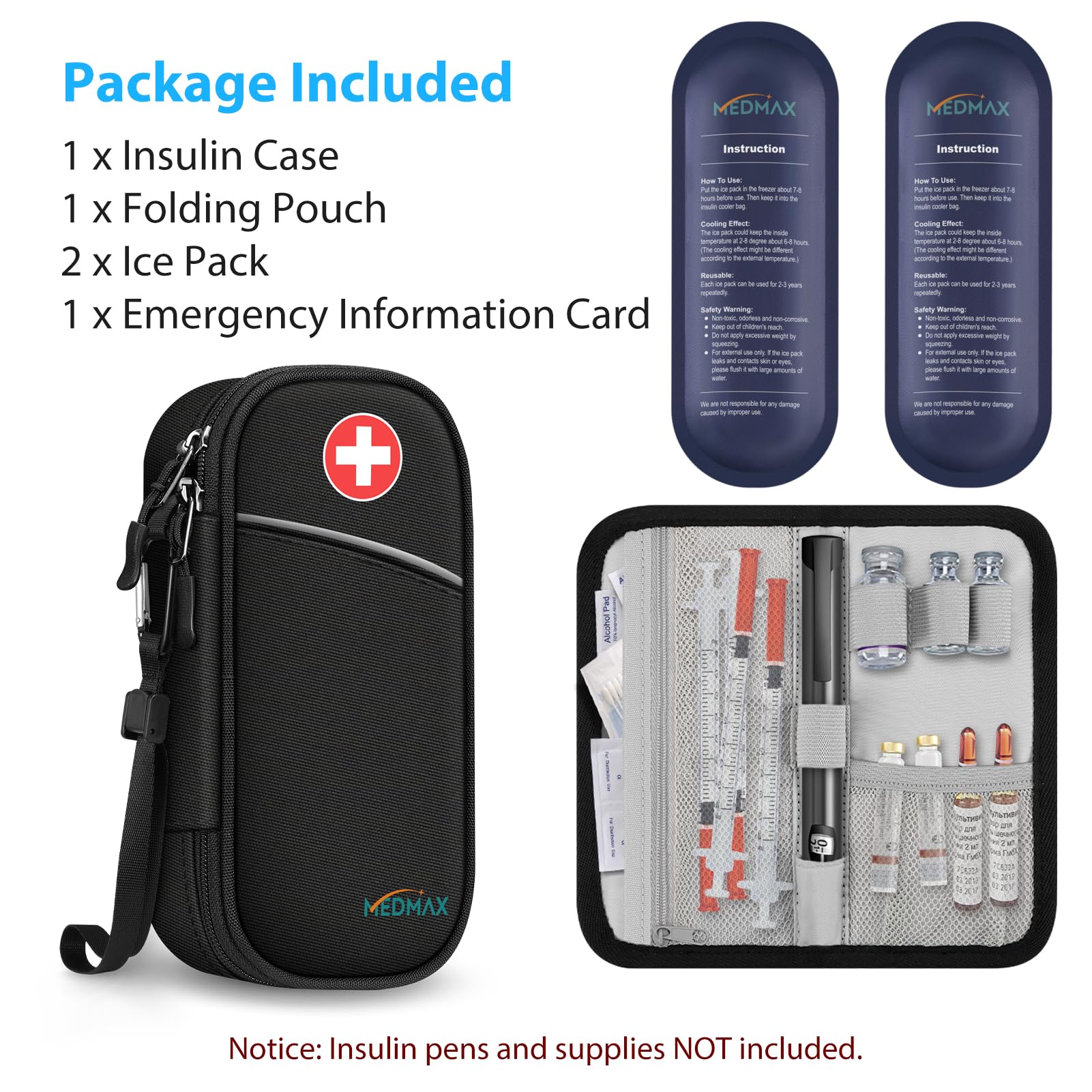 Insulin Cooler Travel Case with 2 Ice Pack, Water Resistant Insulated Diabetic Medication Organizer Carrying Bag with Extra Pouch for Insulin Pen and Other Diabetic Supplies (Black)