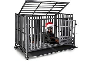 KULOBBY Heavy Duty Dog Crate, Escape-Proof Indestructible Cage for High-Anxiety Dogs, 3-Door Kennel with 4 Lockable Wheels and 2 Removable Trays Ideal for Large & Medium Breeds (49in)