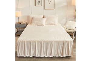 LIFEREVO Luxury Pom Poms Velvet Bed Skirt, Velvet Wrap Around Bed Skirt, Ivory Quilted Fitted Bed Sheet with Bedskirt, 18 Inch Drop Dust Ruffle Decorative Bed Skirt Pompoms Fringe(Full/Queen, Beige)