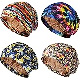 Geyoga 4 Pcs Satin Lined Sleep Cap for Women Adjustable Silk Hair Sleeping Bonnet Satin Lined Head Wrap Scrub Cap