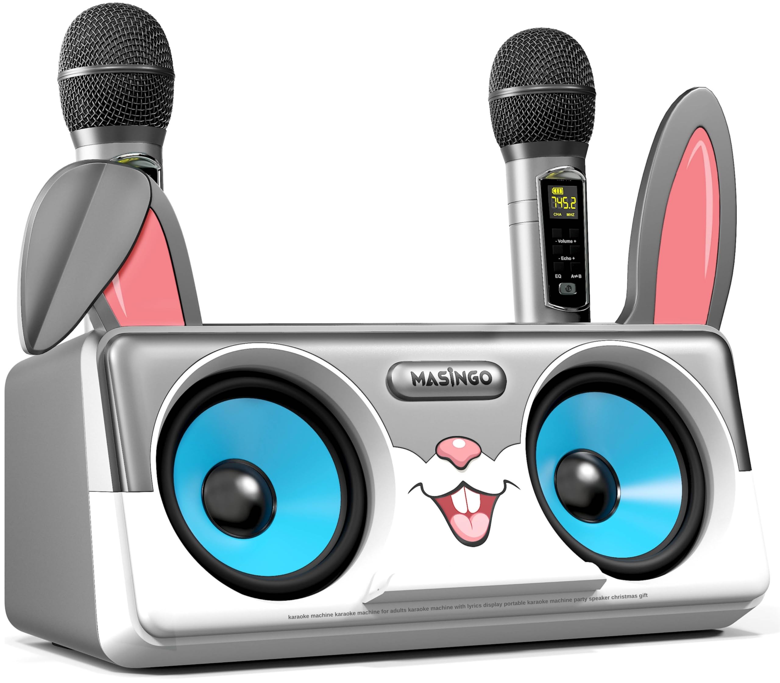 Rabbit Karaoke Machine for Kids, Children and Toddlers with 2 Wireless Bluetooth Microphones, Portable PA Speaker System Includes Lyrics Display Phone Holder, TV Cable and Singer Vocal Removal Mode