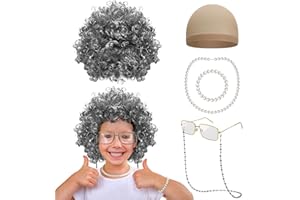 Huskein Old Lady Costume for Kids, 100th Day of School Cosplay Black White Curly Wig Glasses Wig Cap Necklace Bracelet Accessories