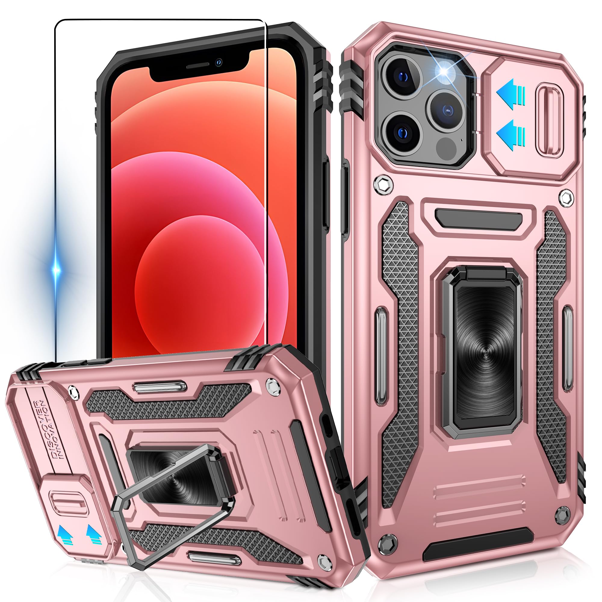 Jshru [Upgrade] Case for iPhone 12/12 Pro with Slide Camera Cover and Ring Kickstand, Military Grade Shockproof Armour Phone Cover - Rose Gold — image 1