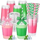 Jingmore 50 Pcs Party Disposable Plastic Cups 12 oz with Lids Straws Themed Party Supplies Plastic Tumbler for Birthday Table Decorations Favors(Solid Color,Pink and Green)