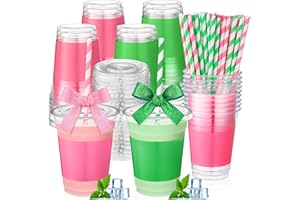 Jingmore 50 Pcs Pink and Green Witch Party Disposable Plastic Cups 12 oz with Lids Straws Themed Party Supplies Plastic Tumbler for Girl Boy Baby Shower Table Decorations Favors(Solid Color)