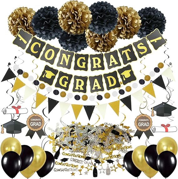 Graduation Decorations - Black and Gold Grad Party Decoration Supplies
