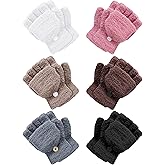 6 Pairs Kids Fingerless Gloves Winter Convertible Flip Top Gloves Warm Knitted Mitten with Cover for Toddler Boys Girl