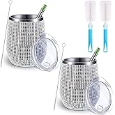 Perthlin Bling Water Bottle Wine Tumbler Diamond Rhinestone for Glitter Wine Glass Tumbler Trip Cups, Straw, Brush for Coffee Cocktails Champagne(Silver,2 Sets)