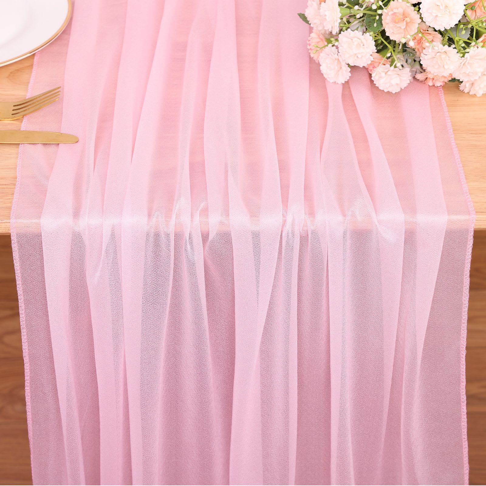 Photo 1 of SAJOO 10FT Blushing Pink Chiffon Table Runners 30x120 Inches Boho Rustic Sheer Fabric Table Runner for Elegant Wedding Decor Birthday Party Decor Baby Bridal Shower Party Decorations
