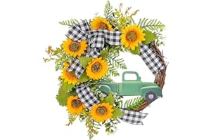 Artificial Spring Wreath Sunflowers Ribbon Bowknot for Front Door, Wedding, Indoor and Outdoor Decorations Artificial