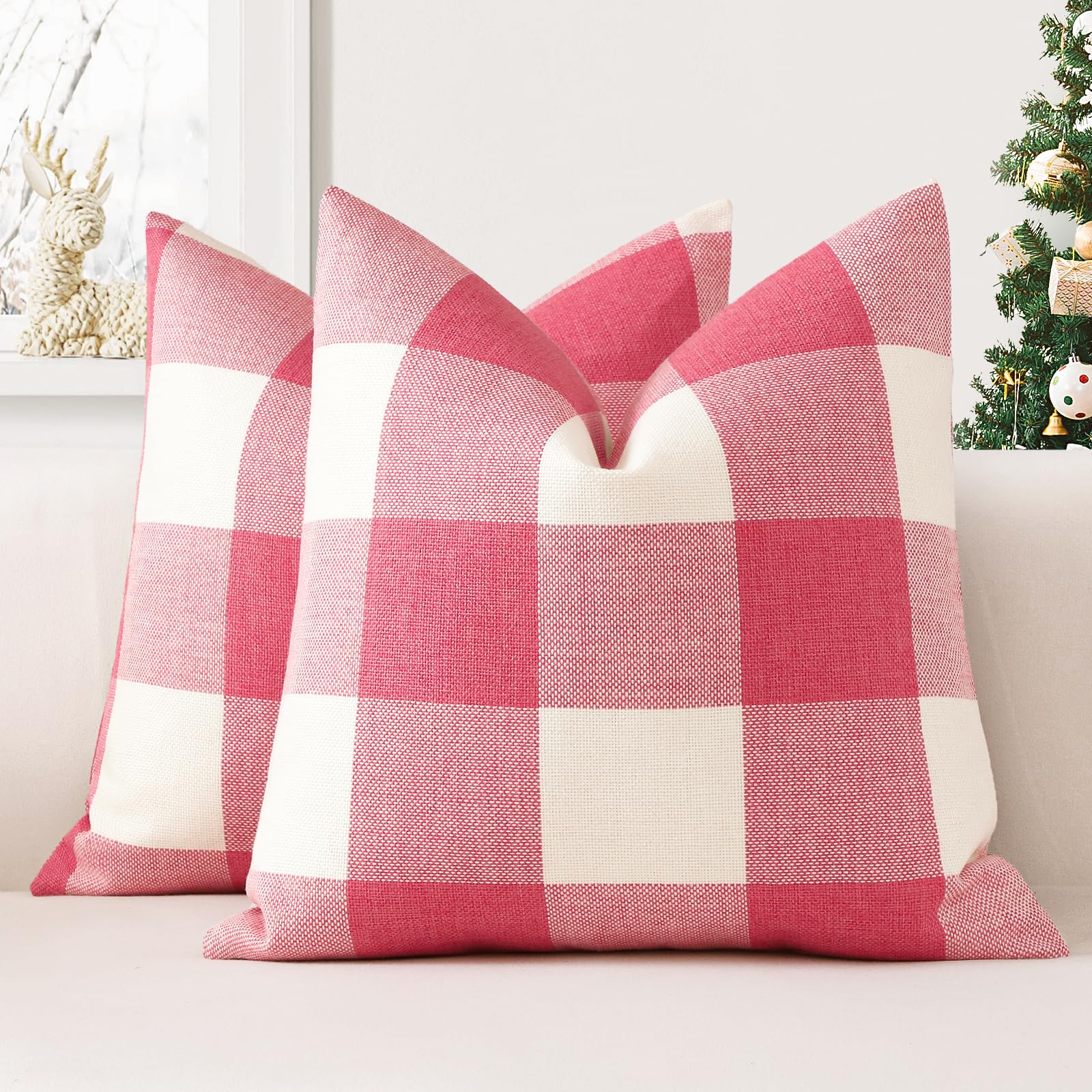 JOTOM Set of 2 Classic Plaids Cushion Covers 40x40 cm Farmhouse Buffalo Check Soft solid Decorative Throw Pillow Covers Home Decor Outdoor Cushion Case for Sofa Bedroom (Pink)