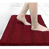 Grandaily Chenille Striped Bathroom Rugs 24x16, Extra Thick and Absorbent Bath Mats, Non-Slip Soft Plush Shaggy Shower Carpet, Machine Wash Dry, Bath Rug for Bathroom, (Small, Red)