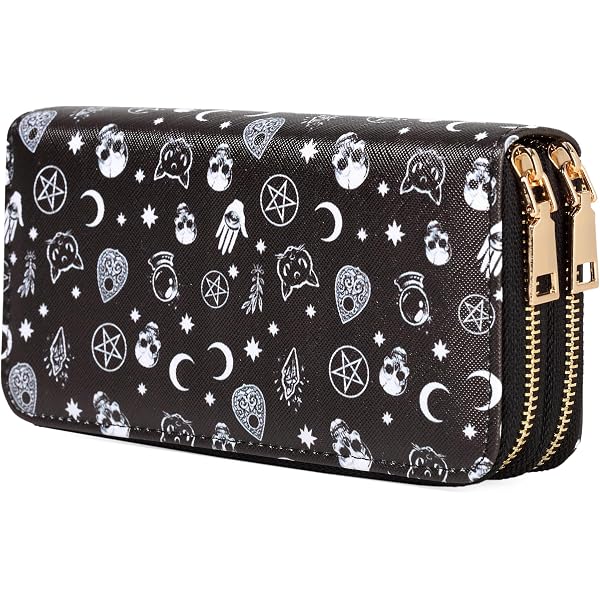 Ro Rox Goth Baphomet Pentagram Faux Leather Wallet - Zip Around Purse With Studs, Holds 8 Cards