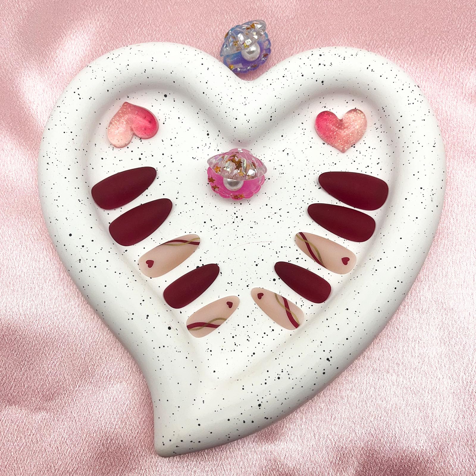 Nails Red Press on Nails Medium Almond Heart Fake Nails Matte False Nails with Line Design Nude Pink Glue on Nails Glossy Acrylic Nail Full Cover Stick on Nails for Women 24 Pcs - Image 4