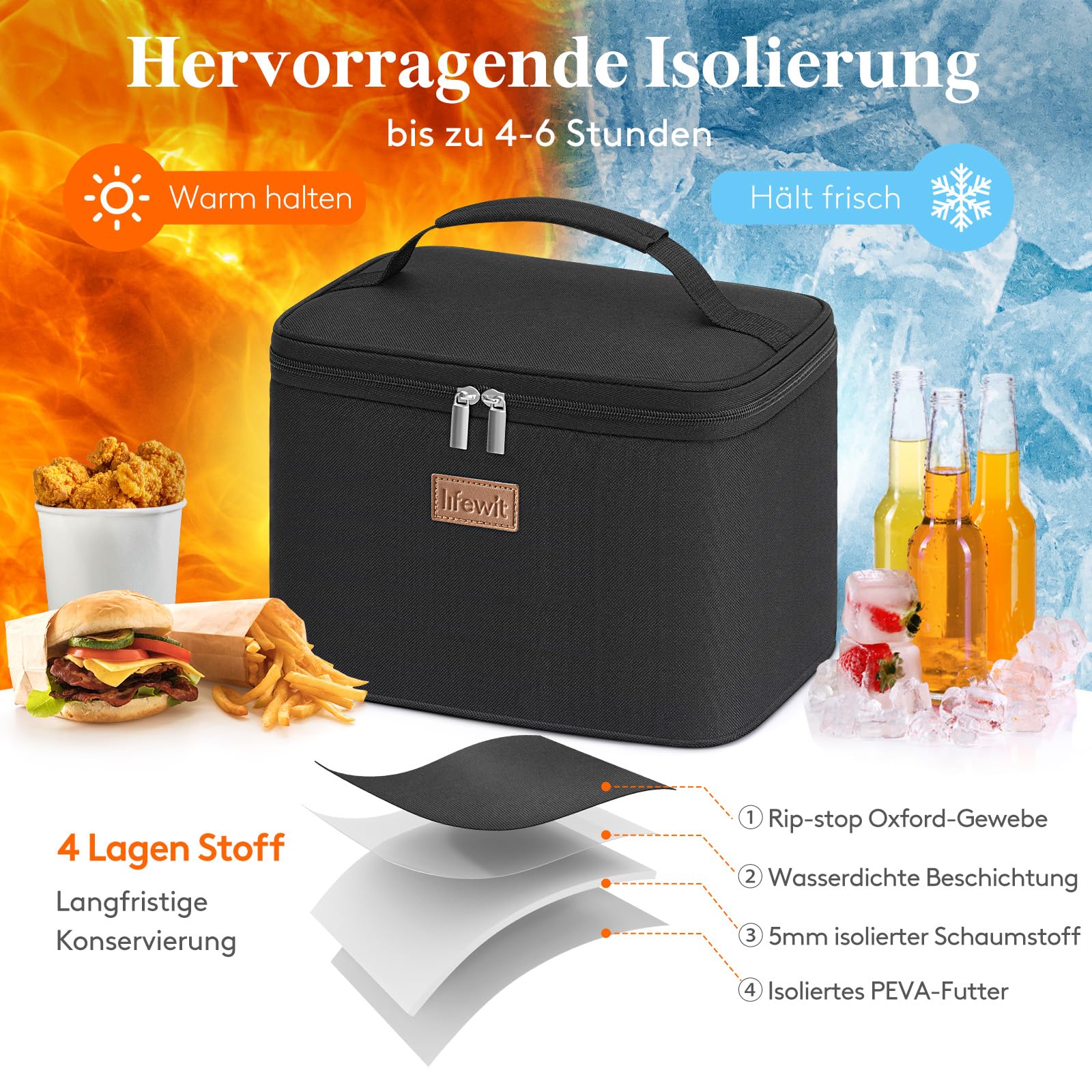 Lifewit Kühltasche Klein Isolierte für Männer Frauen, Faltbar Lunchbox Lunchtasche Isoliertasche Tragbare Kühlbox für Herren Damen für Picknicks Arbeit, Schwarz 9L 3