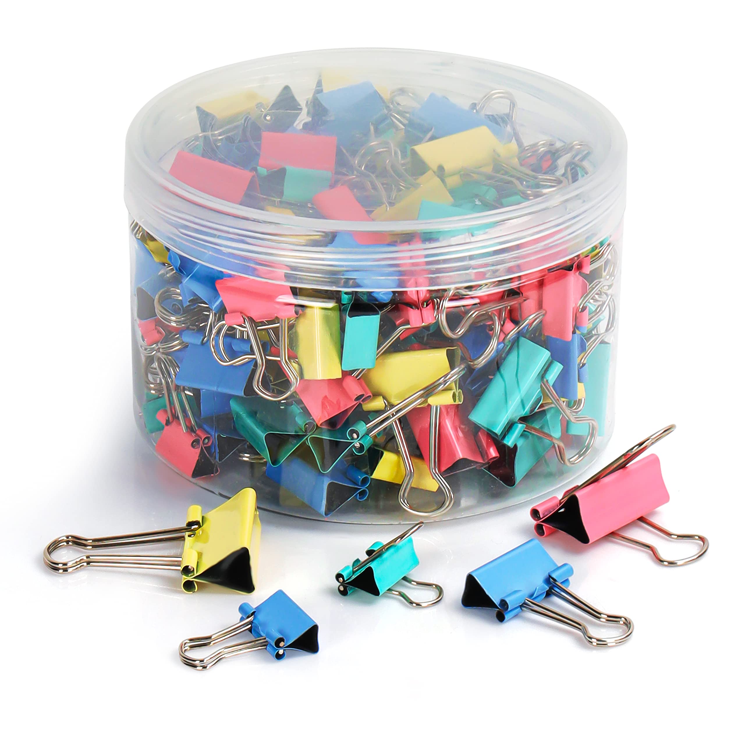 Belle Vous 150 Pcs Metal Foldback Clips - 15mm, 19mm, 25mm Assorted Colour - Home, Office, Paper Document Folder Stationary - Swallowtail Clips with Container