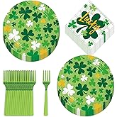 St. Patrick's Day Party Dark Green & Yellow Shamrock Round Paper Dessert Plates, Beverage Napkins, and Forks (16 Plates, Napkins, & Forks)