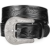 SANSTHS Western Belts for Men Women, Adjustable Mens Cowboy Country Belt for Pants Jeans with Vintage Engraved Leather
