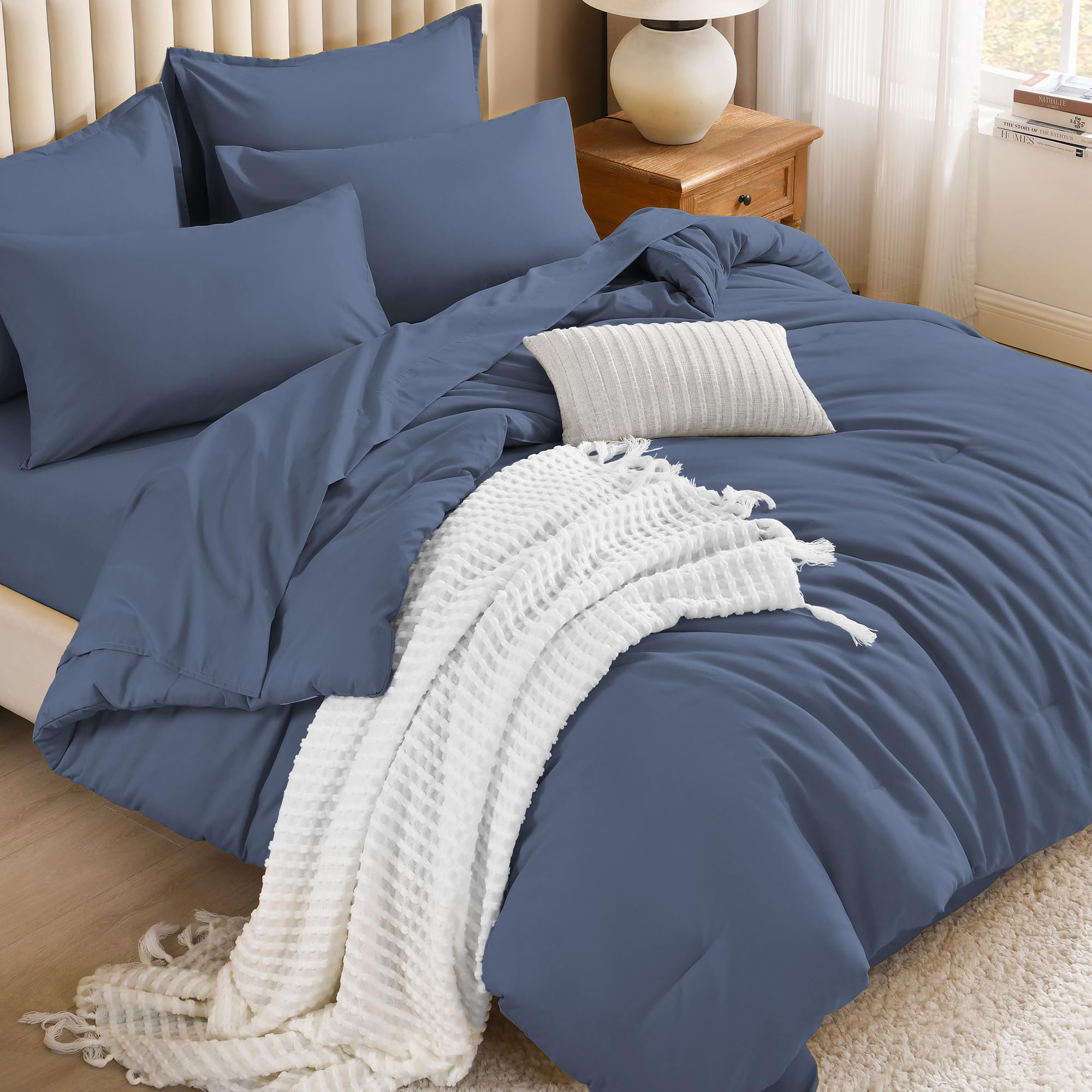 Litanika Full Size Comforter Sets Bluish Grey - 7 Pieces Bed in a Bag Full Bedding Comforter Sets, Solid Lightweight Bed Set with Comforter, Sheets, Pillowcases & Shams Image