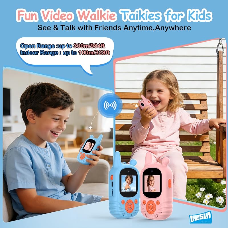 Walkie talkies de vídeo para crianças, câmara dupla HD, 2 unidades, brinquedo recarregável, alcance de 300 m, walkie-talkie para crianças dos 3 aos 12 anos