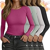 Yearntown 4 Pack Women's Ribbed Long Sleeve Shirts, Cotton Crew Neck Thermal Tops Slim Fit Undershirts Layering Tee Shirts