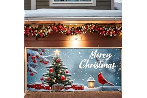 ANNA QUEEN Christmas Garage Door Banner 7x16FT, Cardinal Bird and Gift Tree Garage Door Cover, Large Outdoor Xmas Decoration for Garage Doors, Garden Fence & Holiday Parties