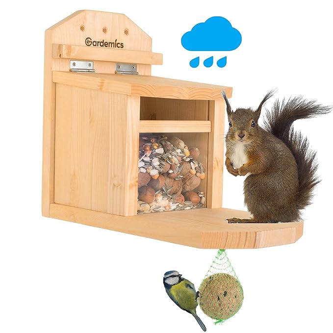 Gardemics Eichhörnchen-Futterhaus wetterfest - Fertigung in sozialer Werkstatt - Futterstation aus Holz - XXL Futterautomat -