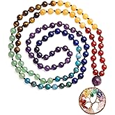 Bivei 108 Mala Beads Necklace Life Tree 7 Chakra Wrap Bracelet Real Healing Gemstone Yoga Meditation Hand Knotted Mala Prayer Bead Necklace