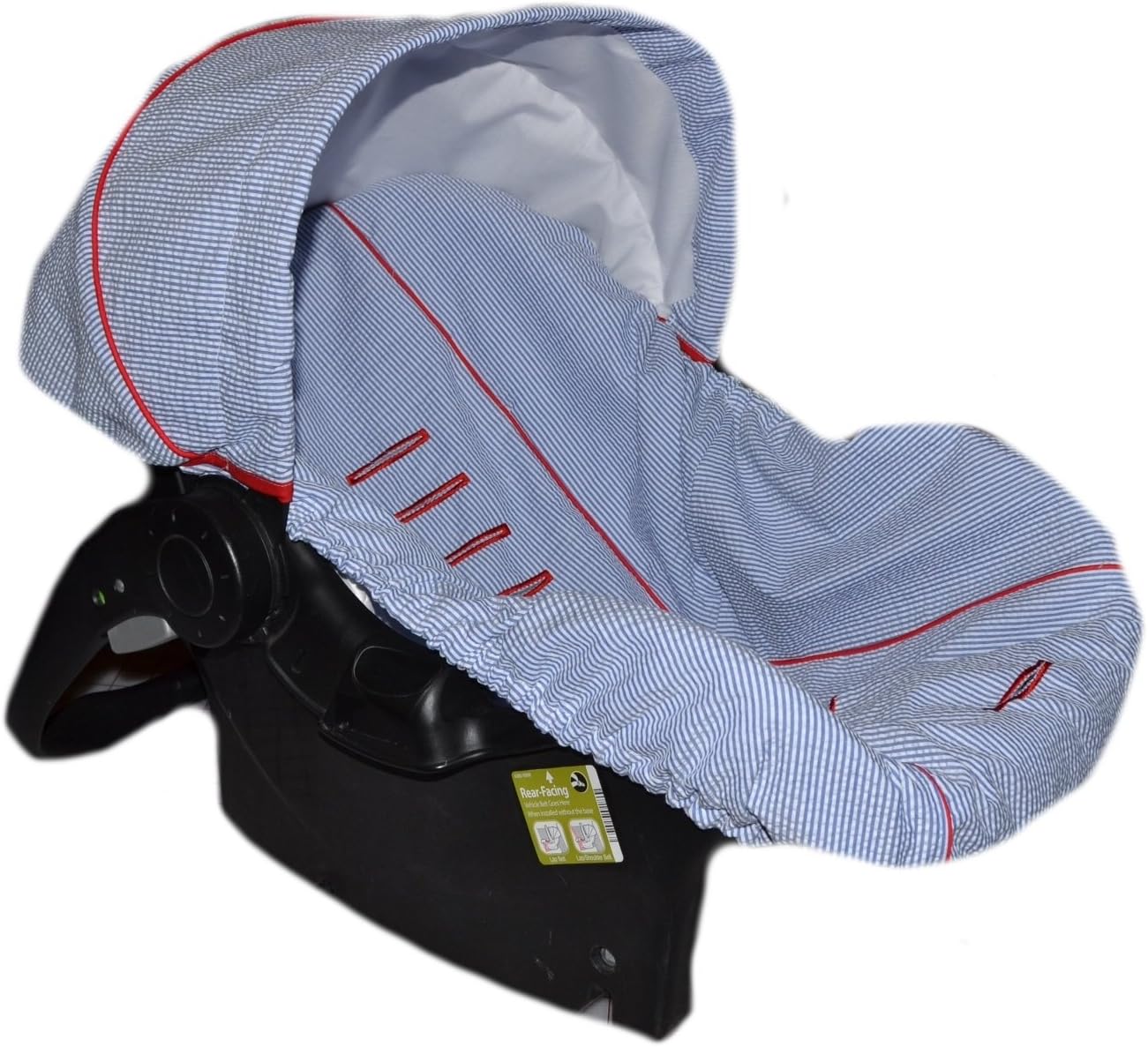 Infant Car Seat Cover, Baby Car Seat Cover, Slip Cover-Navy Seersucker with Red Accents!